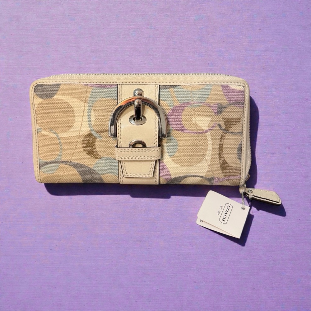 Coach F44578 Soho Optic Linen Buckle Zip Around Wallet Multicolor (A468)